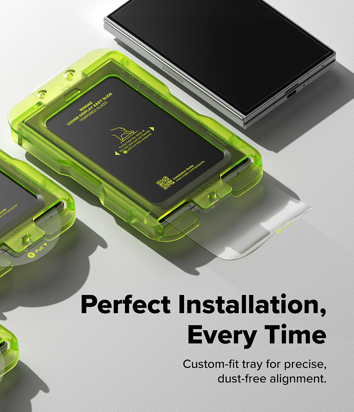 Galaxy Z Fold 8 | Fusion Air Flap Magnetic + Screen - A bright translucent neon green custom-fit tray holding a black smartphone, shown on a clean light gray background with additional phones and promotional text reading 'Perfect Installation, Every Time.'.