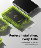 Galaxy Z Fold 8 | Fusion Air Flap Magnetic + Screen - A bright translucent neon green custom-fit tray holding a black smartphone, shown on a clean light gray background with additional phones and promotional text reading 'Perfect Installation, Every Time.'.