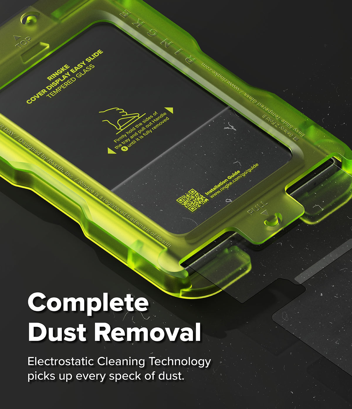 Galaxy Z Fold 8 | Fusion Air Flap Magnetic + Screen - A close-up of a transparent lime green protective case with a black insert, shown on a dark surface. Large white text reads 'Complete Dust Removal' with smaller explanatory text below about electrostatic cleaning technology.