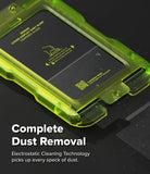 Galaxy Z Fold 8 | Fusion Air Flap Magnetic + Screen - A close-up of a transparent lime green protective case with a black insert, shown on a dark surface. Large white text reads 'Complete Dust Removal' with smaller explanatory text below about electrostatic cleaning technology.