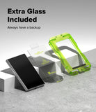 Galaxy Z Fold 8 Screen Protector | Cover Display Easy Slide Tempered Glass (2 Pack) - A smartphone shown with a transparent protective case in bright lime green and a clear screen protector package. Large text at the top reads 'Extra Glass Included' and 'Always have a backup' on a clean light gray studio background.