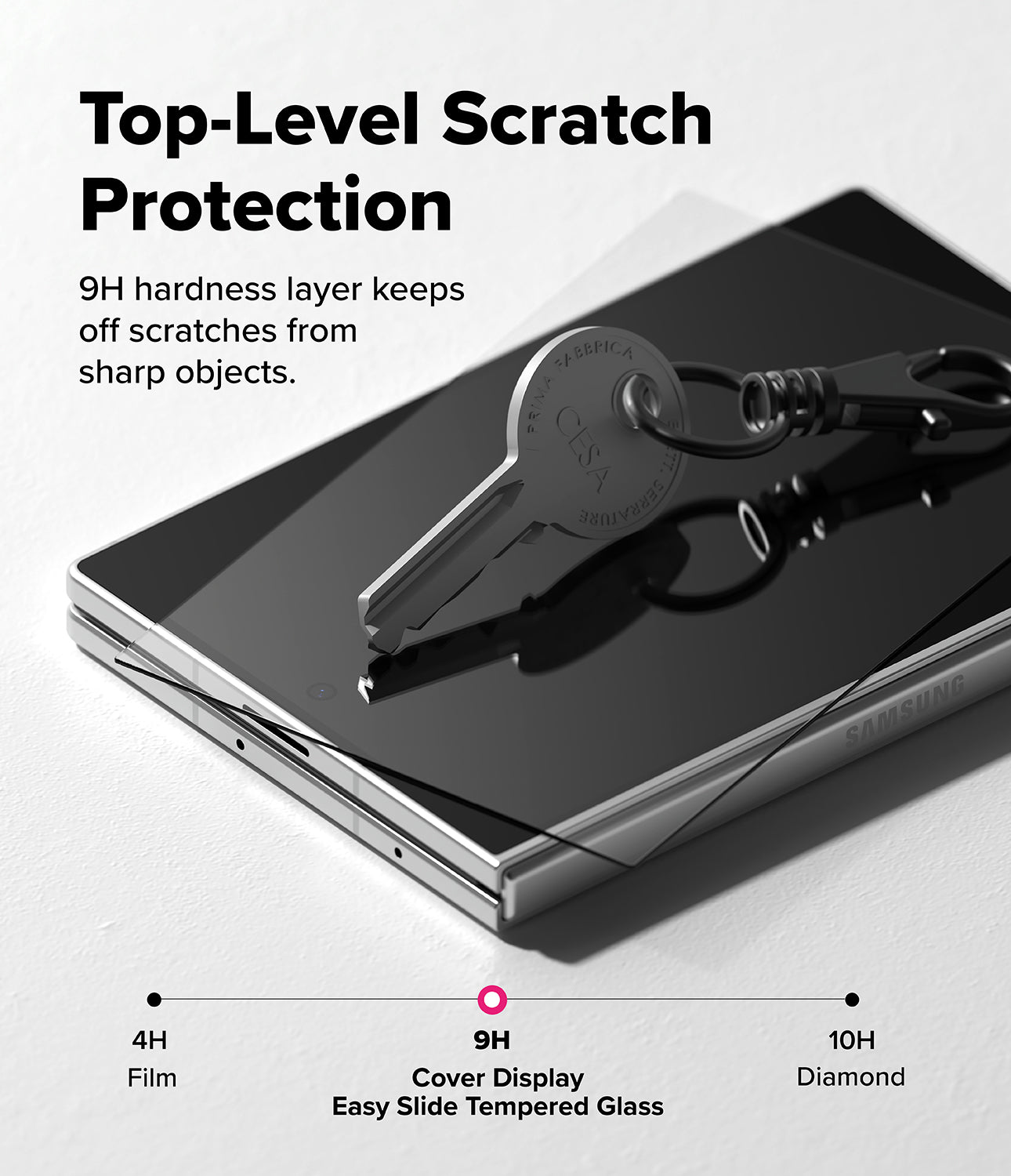 Galaxy Z Fold 8 Screen Protector | Cover Display Easy Slide Tempered Glass (2 Pack) - A smartphone with a dark tempered glass cover is shown on a light gray background with text reading 'Top-Level Scratch Protection' and '9H hardness layer keeps off scratches from sharp objects.' A key rests on the screen to demonstrate protection.