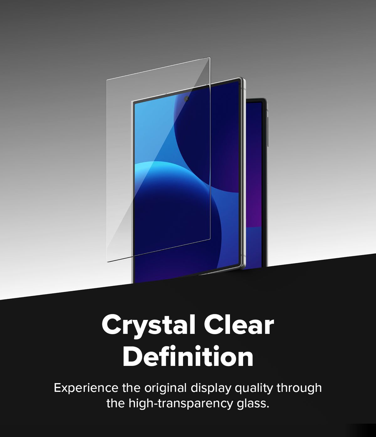 Galaxy Z Fold 8 | Fusion Air Flap Magnetic + Screen - A clear smartphone screen protector shown floating in front of a blue-and-purple smartphone on a gray gradient background, with the text 'Crystal Clear Definition' and a smaller tagline on a black lower section.