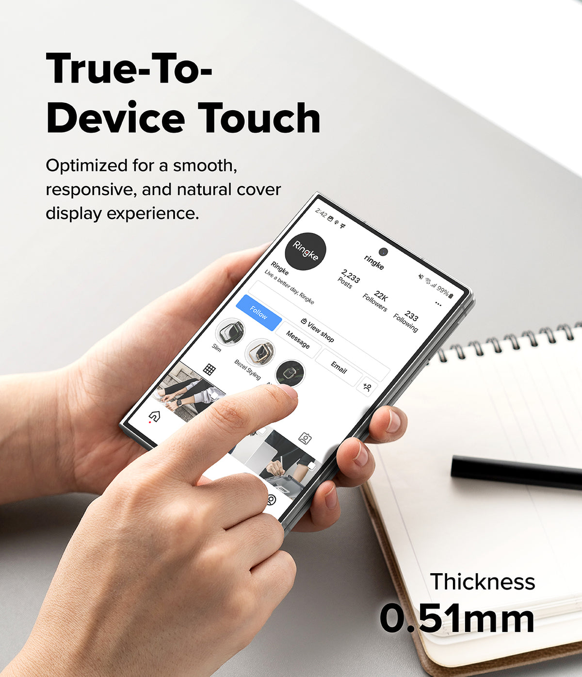 Galaxy Z Fold 8 | Fusion Air Flap Magnetic + Screen & Camera - A person's hands holding a smartphone with a transparent or nearly invisible side cover, demonstrating touch interaction. The phone screen shows an Instagram profile.