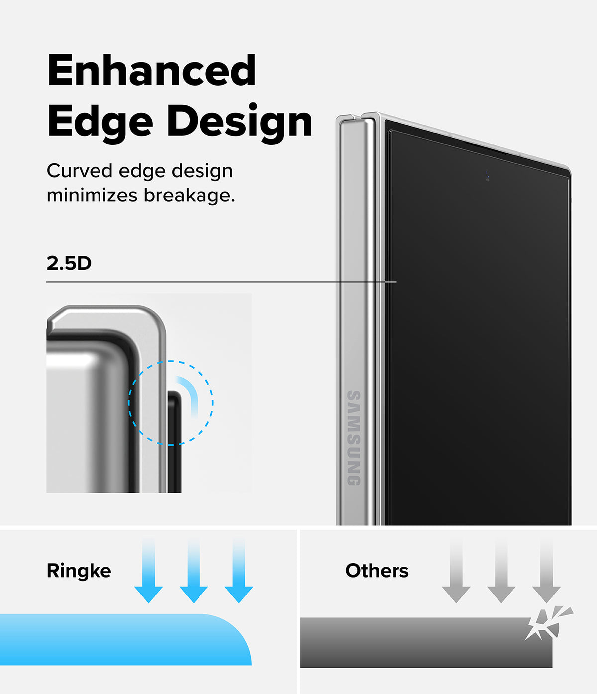 Galaxy Z Fold 8 | Fusion Air Flap Magnetic + Screen - Promotional graphic for a Samsung device showing enhanced curved edge design and 2.5D protection, with a close-up of the silver side frame and comparison arrows labeled Ringke and Others.