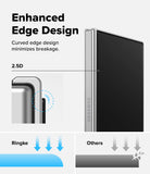 Galaxy Z Fold 8 | Fusion Air Flap Magnetic + Screen - Promotional graphic for a Samsung device showing enhanced curved edge design and 2.5D protection, with a close-up of the silver side frame and comparison arrows labeled Ringke and Others.