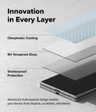 Galaxy Z Fold 8 Screen Protector | Cover Display Easy Slide Tempered Glass (2 Pack) - A promotional graphic showing a smartphone with layered protective materials labeled 'Oleophobic Coating,' '9H Tempered Glass,' and 'Shatterproof Protection,' under the headline 'Innovation in Every Layer.'.