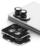 Galaxy Z Fold 8 Camera Protector | Camera Lens Frame Glass (2 Pack) - Three black Ringke camera lens protectors are shown attached to a smartphone camera module, with two additional protectors stacked in front on a clean white background.