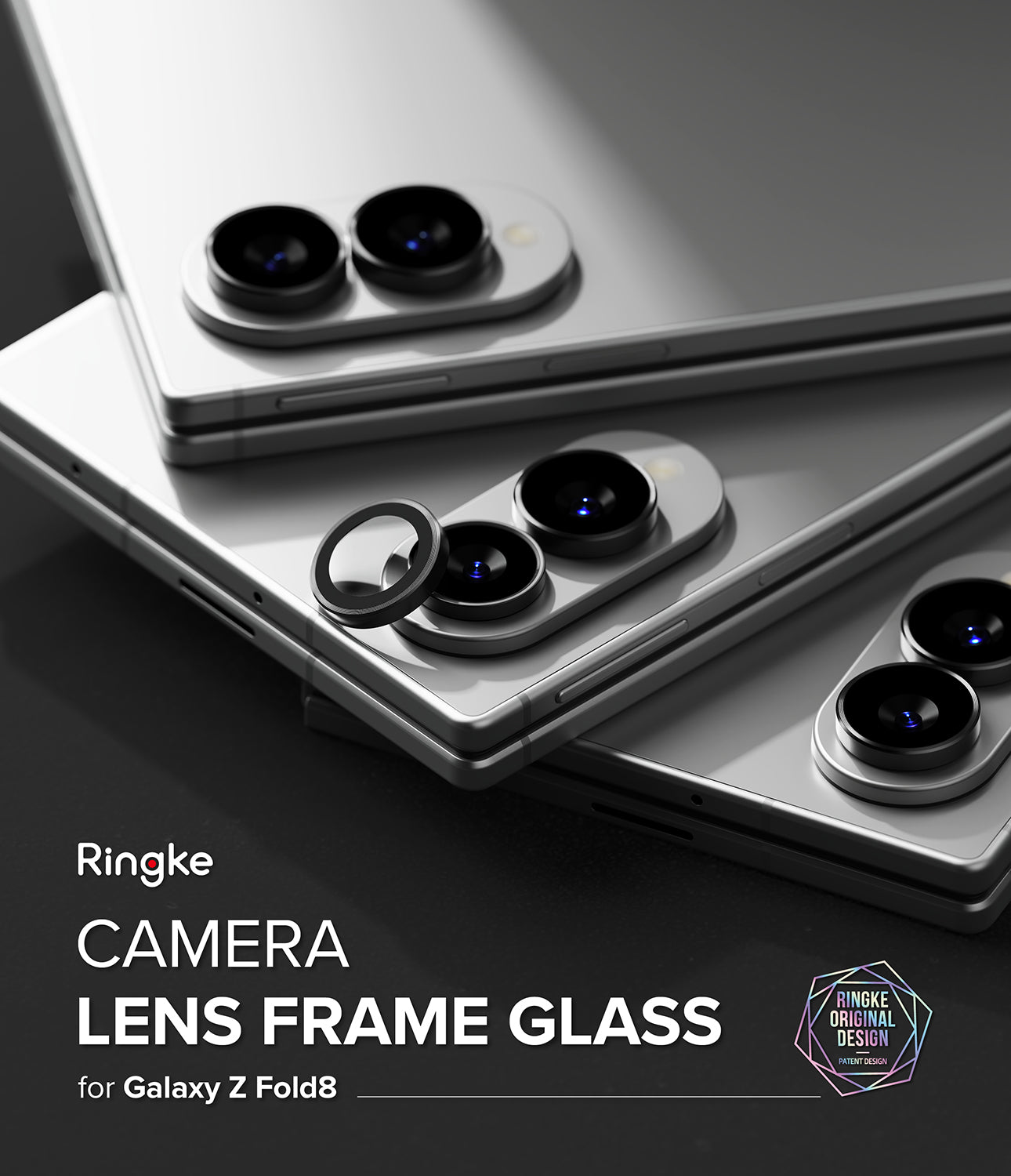 Galaxy Z Fold 8 Camera Protector | Camera Lens Frame Glass (2 Pack) - Camera Lens Frame Glass - Silver smartphone with individual black lens protectors being applied.