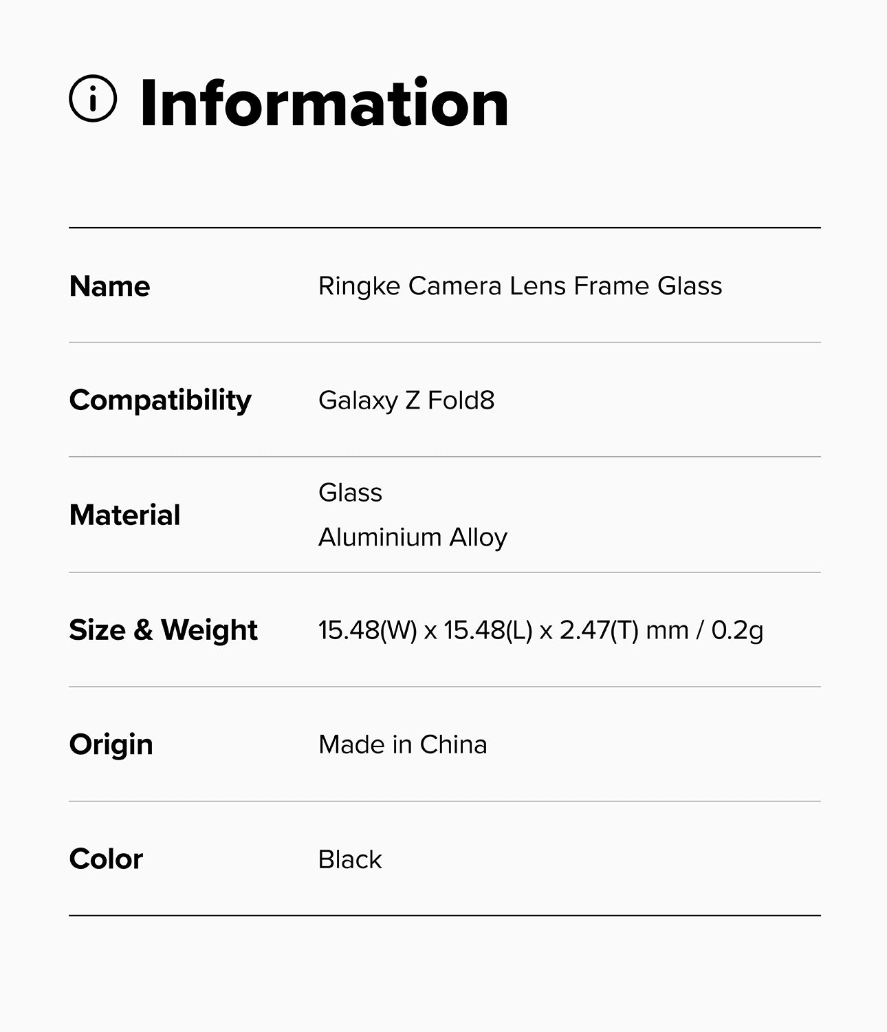 Galaxy Z Fold 8 Camera Protector | Camera Lens Frame Glass (2 Pack) - Specification table listing product name, compatibility, material, size, weight, origin, and color.