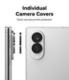 Galaxy Z Fold 8 Camera Protector | Camera Lens Frame Glass (2 Pack) - Individual lens covers shown being applied to a silver smartphone.