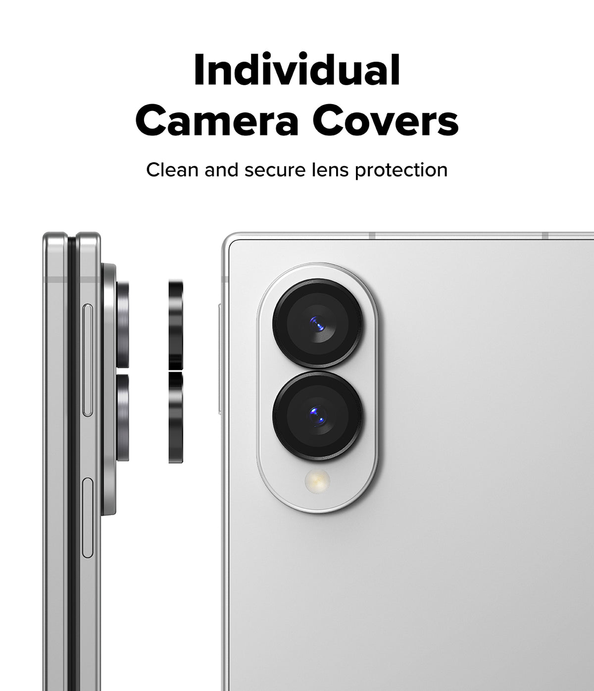 Galaxy Z Fold 8 | Fusion Air Flap Magnetic + Camera - Text reading 'Individual Camera Covers' and 'Clean and secure lens protection' above a silver smartphone shown from the back with a circular camera lens protector partially detached on the left.
