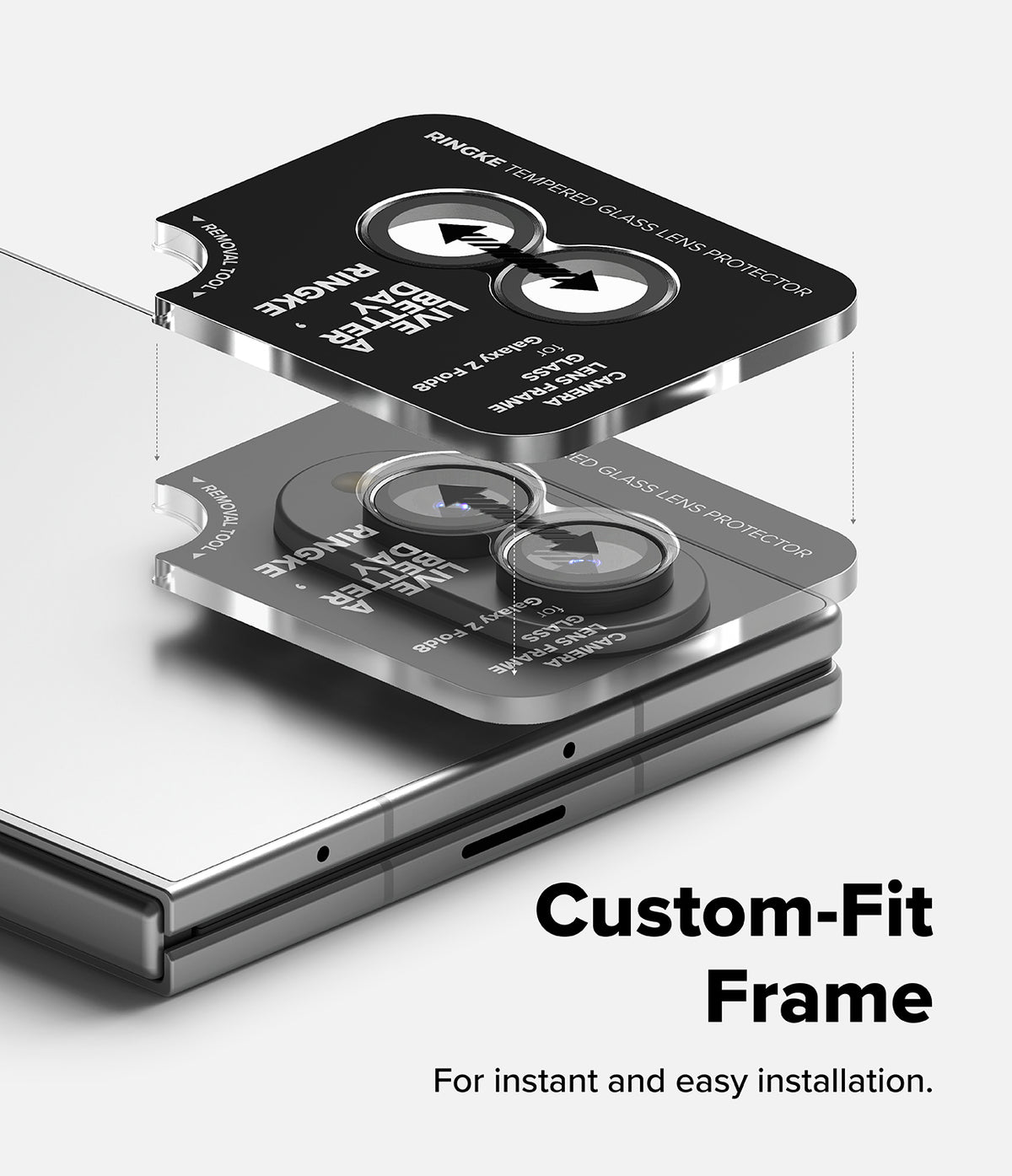 Galaxy Z Fold 8 | Fusion Air Flap Magnetic + Camera - Custom-fit phone camera lens protector frame shown in an exploded assembly view on a smartphone, with text reading 'Custom-Fit Frame' and 'For instant and easy installation.'.