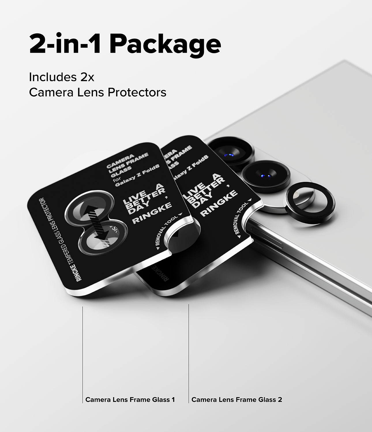 Galaxy Z Fold 8 Camera Protector | Camera Lens Frame Glass (2 Pack) - Two black lens protector sets next to a smartphone with installed lenses.