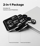 Galaxy Z Fold 8 Camera Protector | Camera Lens Frame Glass (2 Pack) - Two black lens protector sets next to a smartphone with installed lenses.
