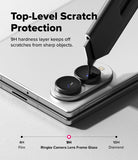 Galaxy Z Fold 8 | Fusion Air Flap Magnetic + Screen & Camera - A close-up promotional graphic showing a smartphone camera lens area with text reading 'Top-Level Scratch Protection' and '9H hardness layer keeps off scratches from sharp objects.' A stylus is touching the camera module to demonstrate protection.