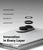 Galaxy Z Fold 8 | Fusion Air Flap Magnetic + 360° Privacy & Camera - A promotional graphic showing a smartphone camera lens protector set with layered transparent and black protective rings floating above the camera module. Text labels identify the layers: Oleophobic Coating, 9H Tempered Glass, Black Silk Print, and Aluminum Frame.