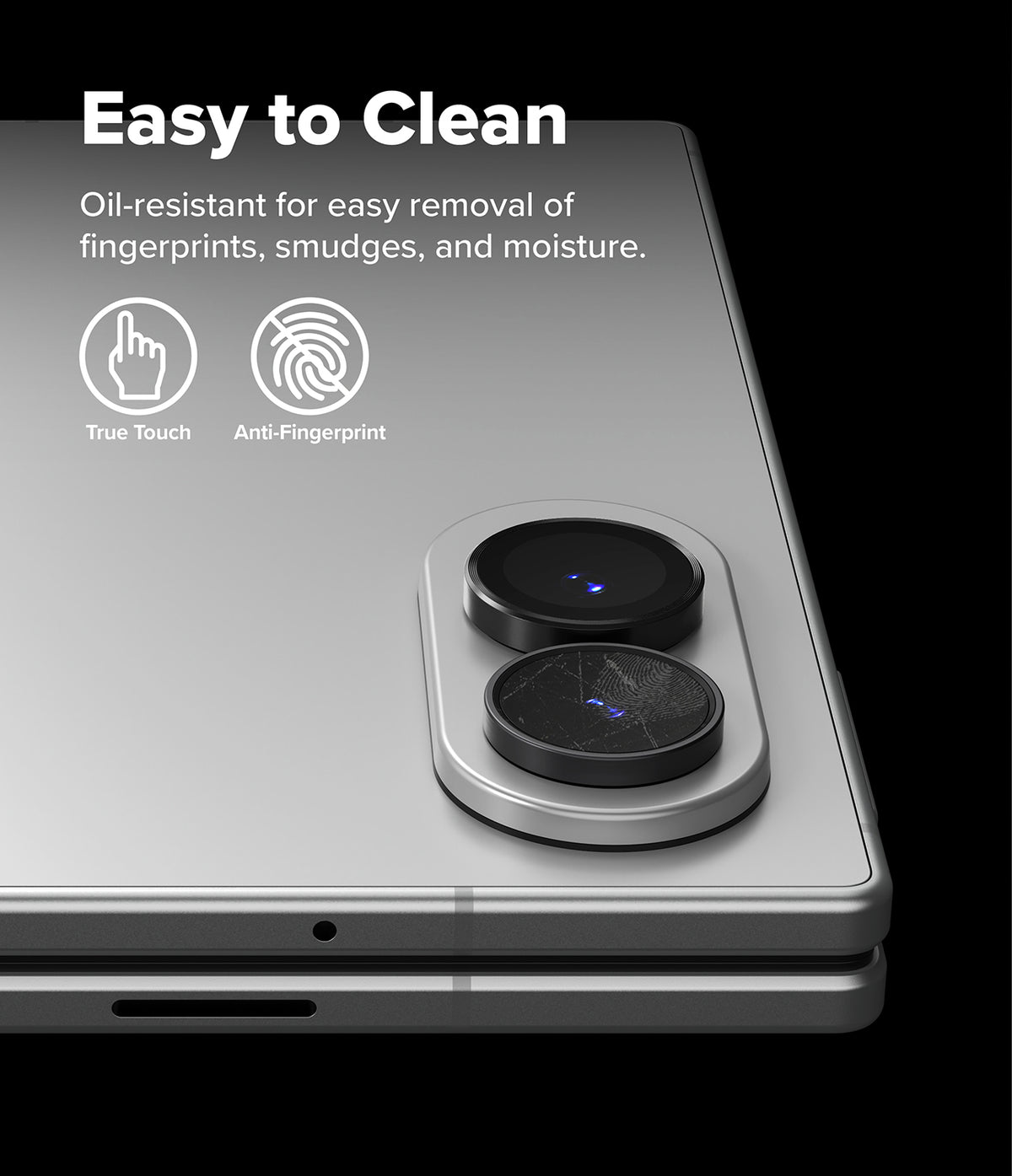 Galaxy Z Fold 8 | Fusion Air Flap Magnetic + Screen & Camera - A close-up of a silver smartphone showing the back of the device with two circular camera lenses and a text callout that says 'Easy to Clean' with icons for True Touch and Anti-Fingerprint.