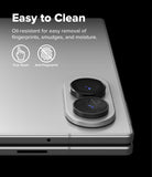 Galaxy Z Fold 8 | Fusion Air Flap Magnetic + Screen & Camera - A close-up of a silver smartphone showing the back of the device with two circular camera lenses and a text callout that says 'Easy to Clean' with icons for True Touch and Anti-Fingerprint.
