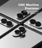 Galaxy Z Fold 8 | Fusion Air Flap Magnetic + Screen & Camera - Close-up of a smartphone camera module with a circular lens protector removed and placed beside it, overlaid with the text 'CNC Machine Precision' and 'For a perfect fit without room for error.'.