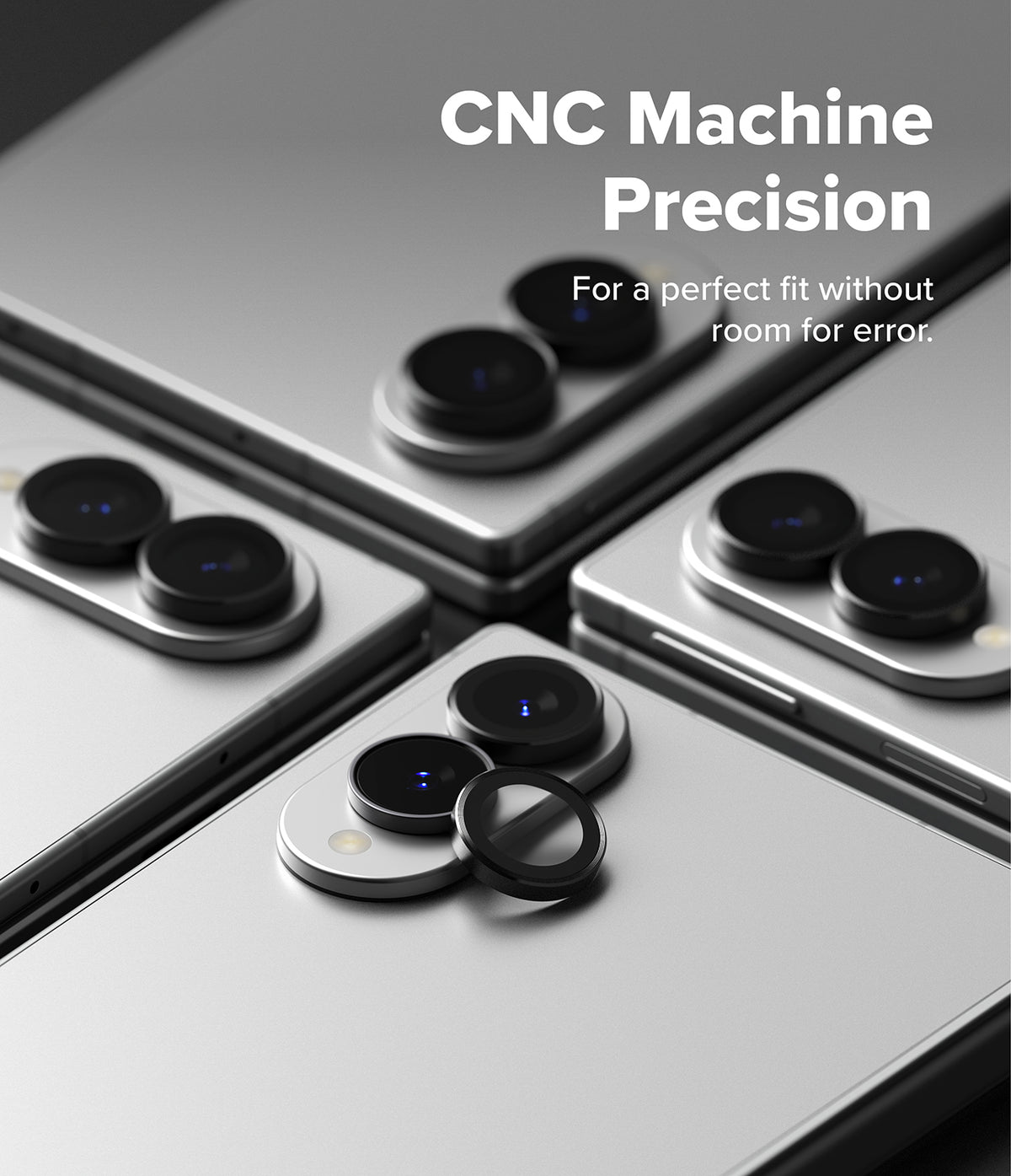 Galaxy Z Fold 8 | Fusion Air Flap Magnetic + Camera - Close-up of a smartphone camera module with a circular lens protector removed and placed beside it, overlaid with the text 'CNC Machine Precision' and 'For a perfect fit without room for error.'.