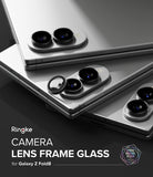 Galaxy Z Fold 8 | Fusion Air Flap Magnetic + 360° Privacy & Camera - Three silver smartphones shown at an angle with Ringke camera lens frame glass accessories applied around the rear camera cutouts. The image includes text reading 'Ringke CAMERA LENS FRAME GLASS for Galaxy Z Fold8' on a dark background.