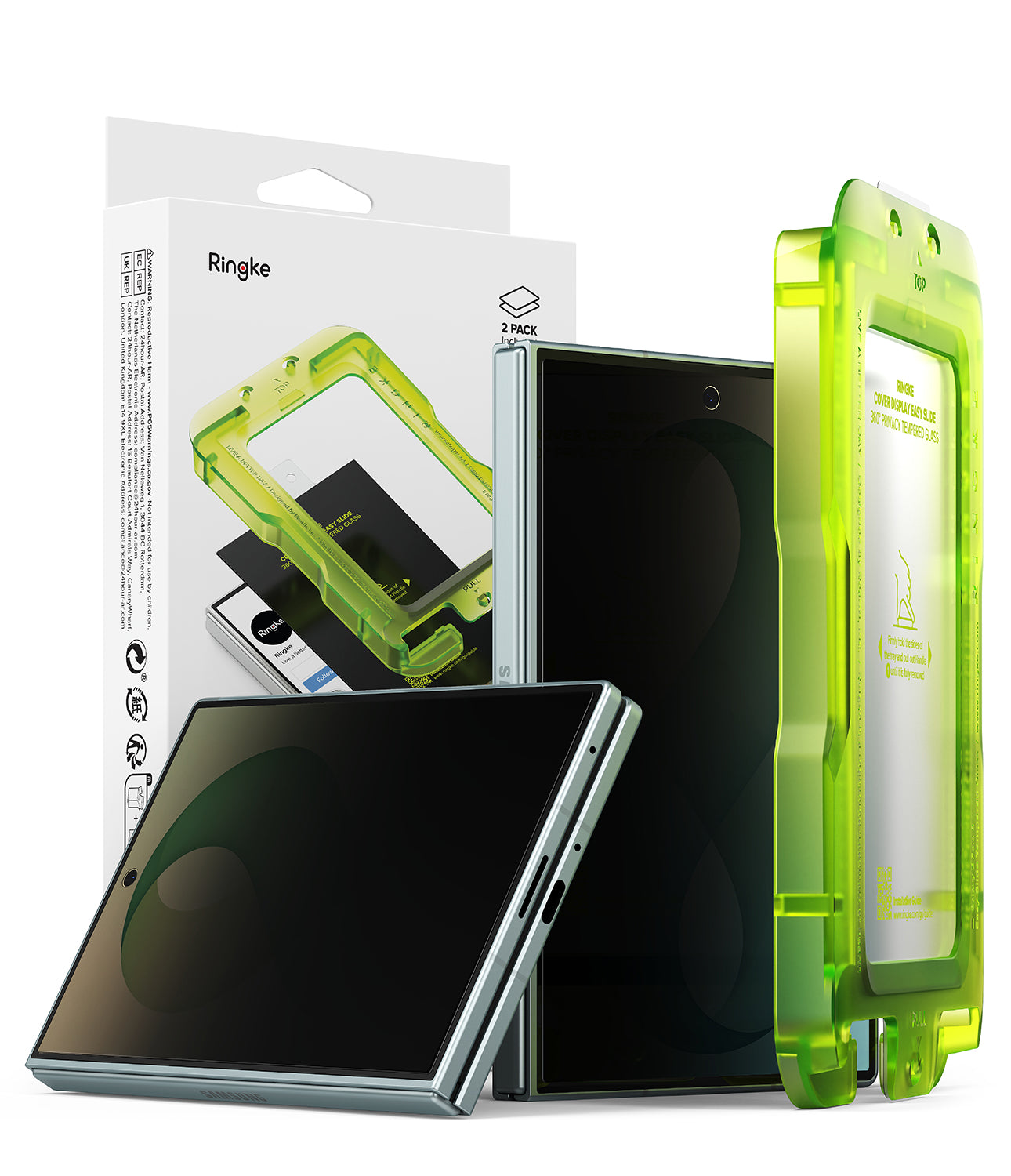 Galaxy Z Fold 8 Screen Protector | Cover Display Easy Slide 360° Privacy Tempered Glass (2 Pack) - A translucent neon green Ringke phone case shown with its retail box, alongside two smartphones used as display props, on a clean white background.