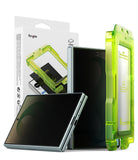 Galaxy Z Fold 8 Screen Protector | Cover Display Easy Slide 360° Privacy Tempered Glass (2 Pack) - A translucent neon green Ringke phone case shown with its retail box, alongside two smartphones used as display props, on a clean white background.