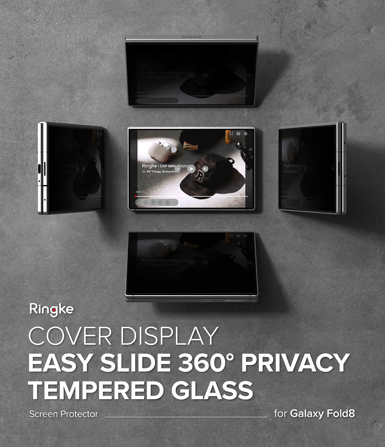 Galaxy Z Fold 8 Screen Protector | Cover Display Easy Slide 360° Privacy Tempered Glass (2 Pack) - Promotional graphic for Ringke cover display privacy screen protector for Samsung Galaxy Fold8, showing five views of a black smartphone with its screen sliding open and closed on a textured gray background.
