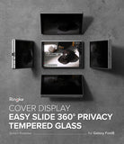 Galaxy Z Fold 8 Screen Protector | Cover Display Easy Slide 360° Privacy Tempered Glass (2 Pack) - Promotional graphic for Ringke cover display privacy screen protector for Samsung Galaxy Fold8, showing five views of a black smartphone with its screen sliding open and closed on a textured gray background.
