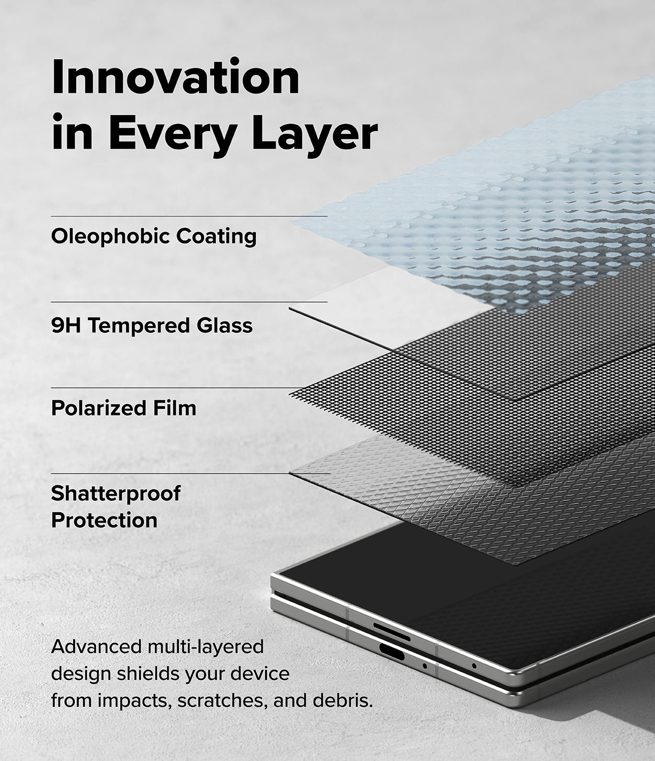 Galaxy Z Fold 8 Screen Protector | Cover Display Easy Slide 360° Privacy Tempered Glass (2 Pack) - Promotional graphic showing a smartphone with layered protective overlays labeled 'Oleophobic Coating,' '9H Tempered Glass,' 'Polarized Film,' and 'Shatterproof Protection,' under the headline 'Innovation in Every Layer.'.