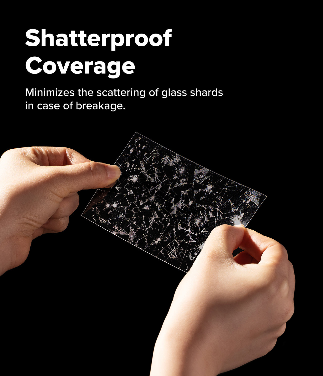 Galaxy Z Fold 8 Screen Protector | Cover Display Easy Slide 360° Privacy Tempered Glass (2 Pack) - Hands holding a transparent shatterproof glass panel with visible crack-like patterning, shown against a black background with the text 'Shatterproof Coverage' and a supporting product claim.