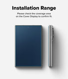Galaxy Z Fold 8 Screen Protector | Cover Display Easy Slide 360° Privacy Tempered Glass (2 Pack) - Instruction graphic showing a smartphone case from front and side views with the text 'Installation Range' and 'Please check the coverage area on the Cover Display to confirm fit.' on a light gray background.