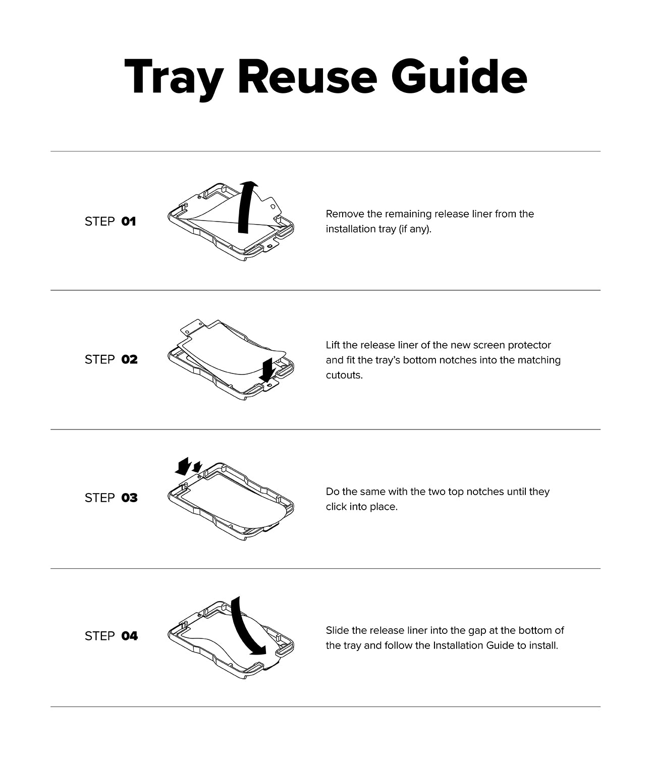 Galaxy Z Fold 8 Screen Protector | Cover Display Easy Slide 360° Privacy Tempered Glass (2 Pack) - A Tray Reuse Guide diagram with four numbered steps showing how to remove and reinstall a release liner from a tray, with small line drawings and instructional text on a white background.