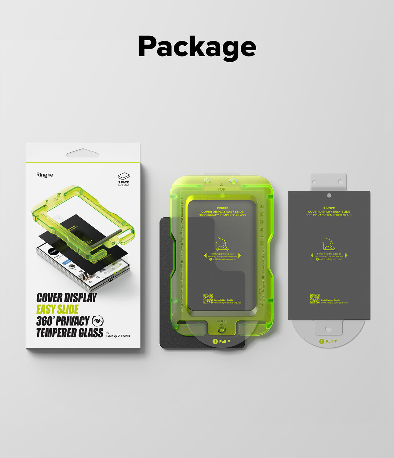 Galaxy Z Fold 8 Screen Protector | Cover Display Easy Slide 360° Privacy Tempered Glass (2 Pack) - A package layout for a smartphone privacy screen protector set on a light gray background, with the heading 'Package' at the top. The set includes a white retail box showing a green translucent protector in use, a green protector applied to a phone, and a dark gray privacy insert card.