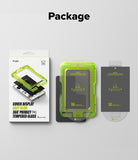 Galaxy Z Fold 8 Screen Protector | Cover Display Easy Slide 360° Privacy Tempered Glass (2 Pack) - A package layout for a smartphone privacy screen protector set on a light gray background, with the heading 'Package' at the top. The set includes a white retail box showing a green translucent protector in use, a green protector applied to a phone, and a dark gray privacy insert card.