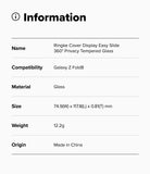 Galaxy Z Fold 8 Screen Protector | Cover Display Easy Slide 360° Privacy Tempered Glass (2 Pack) - An information card with a light gray background and black text listing product details: name, compatibility with Galaxy Z Fold8, material as glass, dimensions, weight 12.2g, and origin Made in China.