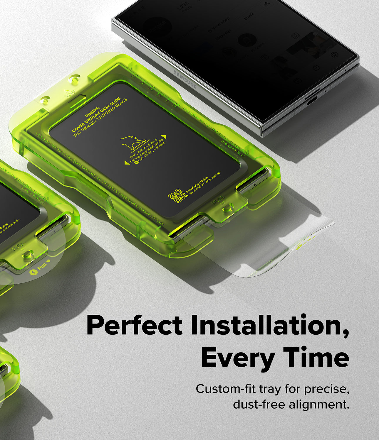 Galaxy Z Fold 8 Screen Protector | Cover Display Easy Slide 360° Privacy Tempered Glass (2 Pack) - A close-up promotional shot of a translucent neon green custom-fit tray holding a black rectangular card, with additional matching trays and a smartphone shown at the top. Large text reads 'Perfect Installation, Every Time' with smaller descriptive copy below.