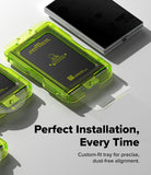 Galaxy Z Fold 8 Screen Protector | Cover Display Easy Slide 360° Privacy Tempered Glass (2 Pack) - A close-up promotional shot of a translucent neon green custom-fit tray holding a black rectangular card, with additional matching trays and a smartphone shown at the top. Large text reads 'Perfect Installation, Every Time' with smaller descriptive copy below.