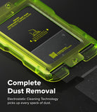 Galaxy Z Fold 8 Screen Protector | Cover Display Easy Slide 360° Privacy Tempered Glass (2 Pack) - A close-up of a smartphone in a translucent neon green protective case on a dark surface, with text reading 'Complete Dust Removal' and 'Electrostatic Cleaning Technology picks up every speck of dust.'.
