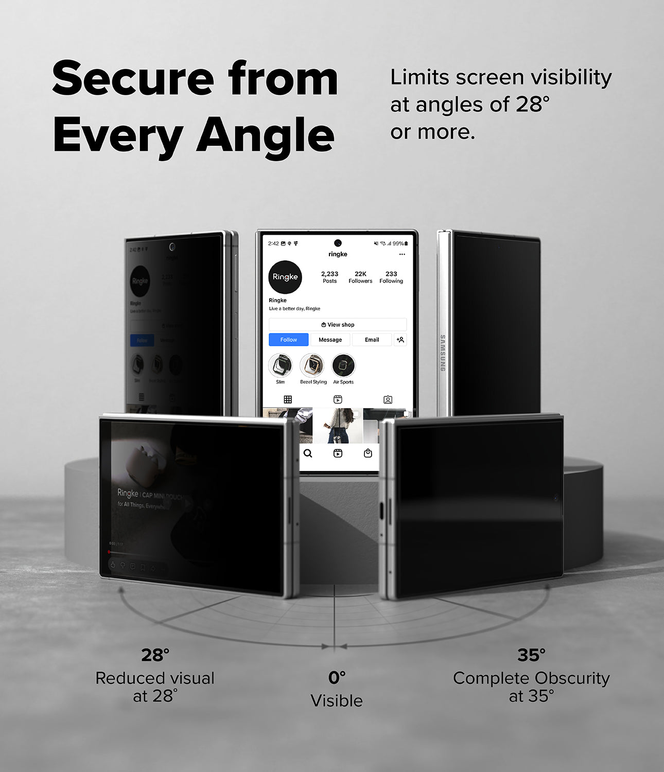 Galaxy Z Fold 8 Screen Protector | Cover Display Easy Slide 360° Privacy Tempered Glass (2 Pack) - A promotional product graphic for a privacy screen filter or phone case set, showing multiple views of a black rectangular device with a smartphone displayed in the center. Text reads 'Secure from Every Angle' and 'Limits screen visibility at angles of 28° or more.