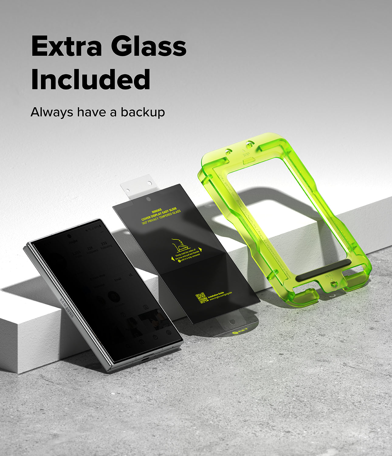 Galaxy Z Fold 8 Screen Protector | Cover Display Easy Slide 360° Privacy Tempered Glass (2 Pack) - A smartphone protective case set shown on a light gray studio surface with text reading 'Extra Glass Included' and 'Always have a backup.' The set includes a bright translucent neon green phone case, a black tempered glass screen protector, and a black retail card with yellow text.