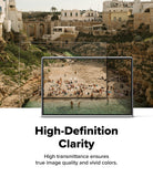 Galaxy Z Fold 8 Screen Protector | Cover Display Easy Slide 360° Privacy Tempered Glass (2 Pack) - A promotional graphic showing a tablet device with a beach scene displayed on its screen, overlaid with text reading 'High-Definition Clarity' and 'High transmittance ensures true image quality and vivid colors.' The background is a coastal town scene with cliffs, buildings, and a beach.