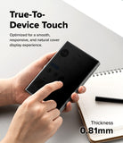 Galaxy Z Fold 8 Screen Protector | Cover Display Easy Slide 360° Privacy Tempered Glass (2 Pack) - A person holds a slim black smartphone to demonstrate touch sensitivity, with text reading 'True-To-Device Touch' and 'Thickness 0.81mm' on a clean white background with a notebook and pen.
