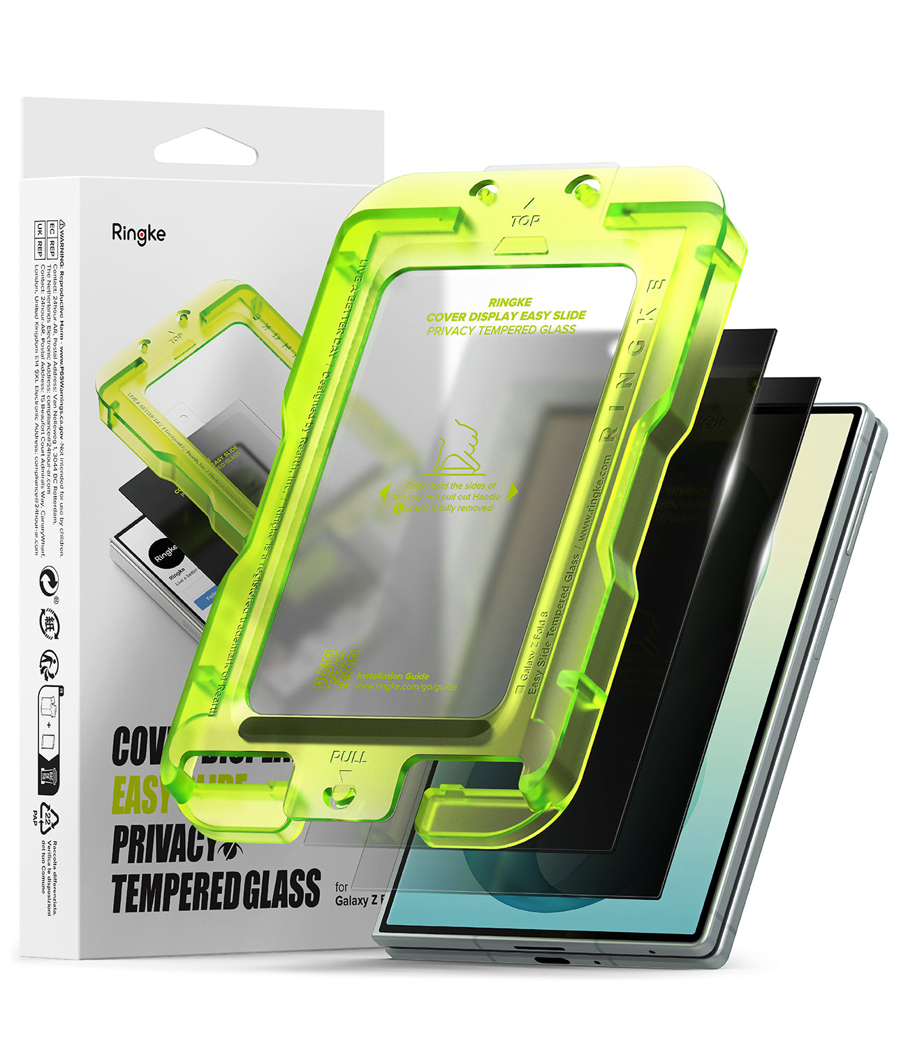 Galaxy Z Fold 8 Screen Protector | Cover Display Easy Slide Privacy Tempered Glass (2 Pack) - Ringke Privacy Glass for Samsung Galaxy S9 case in neon yellow-green, shown with its retail packaging box and a stack of protective glass layers.