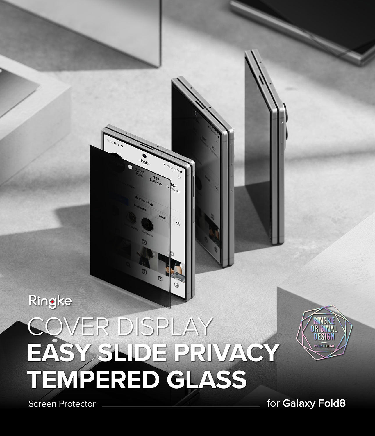 Galaxy Z Fold 8 Screen Protector | Cover Display Easy Slide Privacy Tempered Glass (2 Pack) - Promotional graphic for a Ringke Galaxy Fold8 screen protector cover display, showing three partially opened foldable smartphones on a light gray surface with text reading 'COVER DISPLAY', 'EASY SLIDE PRIVACY', and 'TEMPERED GLASS'.