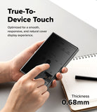 Galaxy Z Fold 8 Screen Protector | Cover Display Easy Slide Privacy Tempered Glass (2 Pack) - A person holds a slim smartphone to demonstrate a touch-sensitive cover, with text reading 'True-To-Device Touch' and 'Thickness 0.68mm' on a clean white background with a notebook and pen.