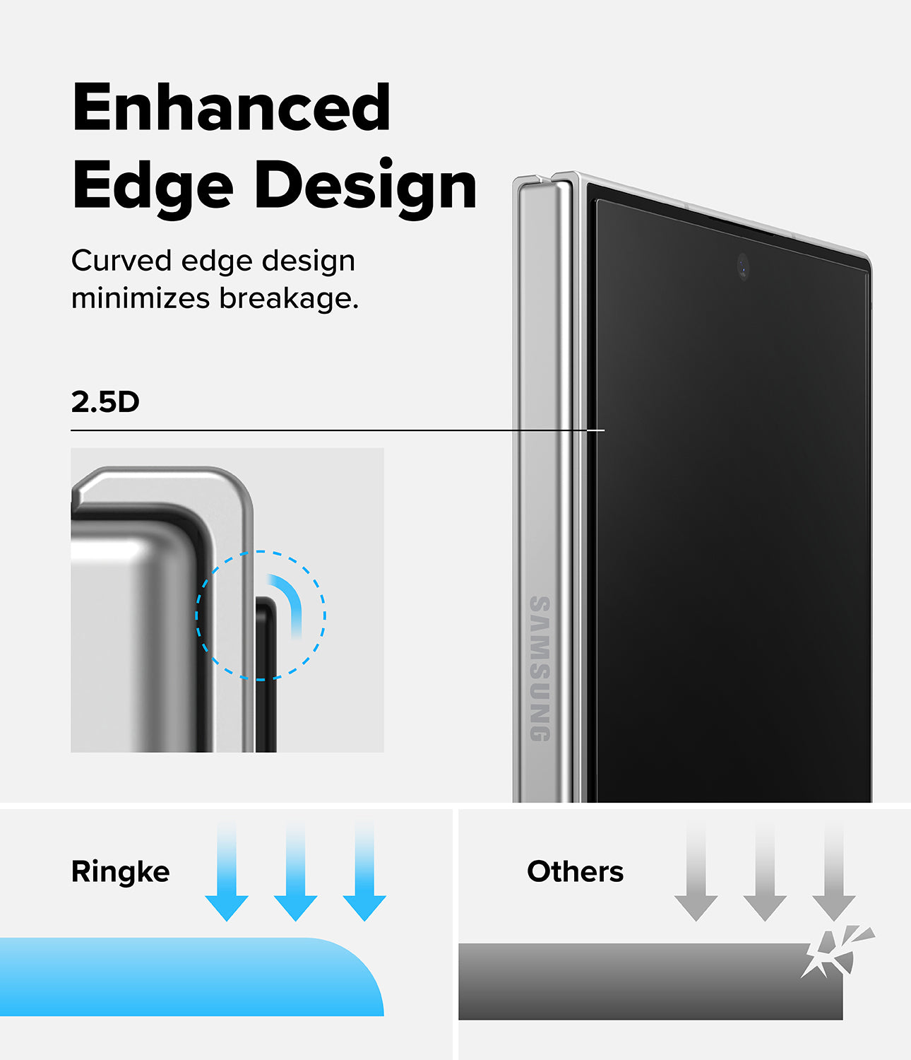 Galaxy Z Fold 8 Screen Protector | Cover Display Easy Slide Privacy Tempered Glass (2 Pack) - Promotional graphic for a Samsung smartphone case or edge design, showing a silver Samsung phone with a black back, text reading 'Enhanced Edge Design' and '2.5D', plus comparison arrows labeled Ringke and Others.