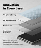 Galaxy Z Fold 8 Screen Protector | Cover Display Easy Slide Privacy Tempered Glass (2 Pack) - Promotional graphic for a smartphone screen protector with layered callouts reading 'Oleophobic Coating,' '9H Tempered Glass,' 'Polarized Film,' and 'Shatterproof Protection,' plus the headline 'Innovation in Every Layer.'.