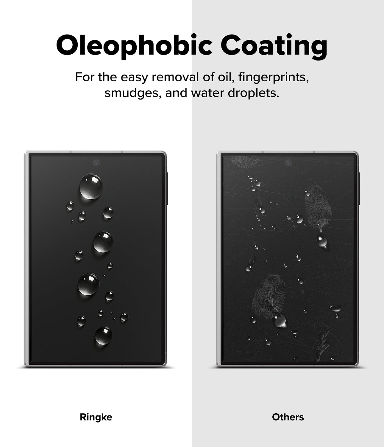 Galaxy Z Fold 8 Screen Protector | Cover Display Easy Slide Privacy Tempered Glass (2 Pack) - A promotional comparison graphic for oleophobic coating on a smartphone screen. The left side shows a black phone screen with water droplets and oil-like smudges, labeled 'Ringke'; the right side shows a similar black screen with the marks wiped away, labeled 'Others'.